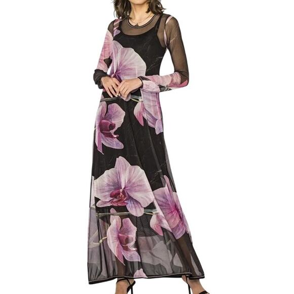 Beate Heymann Orchid Maxi Dress Womens 8 Black Purple Sheer Stretch Boho Chic - Picture 1 of 13